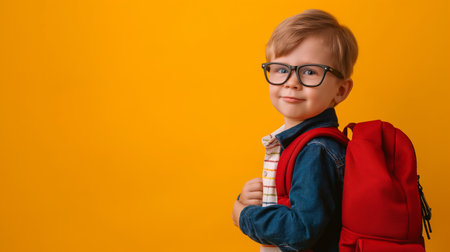 Cute little boy with backpack on color background. Space for textの素材