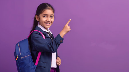 Portrait of a schoolgirl with a backpack on a purple backgroundの素材