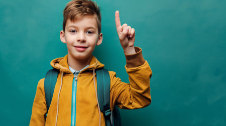 cheerful schoolboy pointing with finger at empty green chalkboardの素材