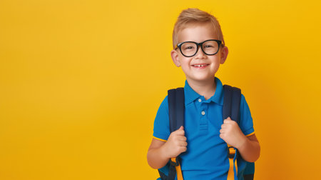 Portrait of a smiling schoolboy with a backpack on a yellow backgroundの素材