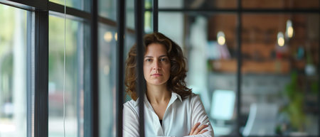 Portrait of young businesswoman looking at camera while standing in officeの素材