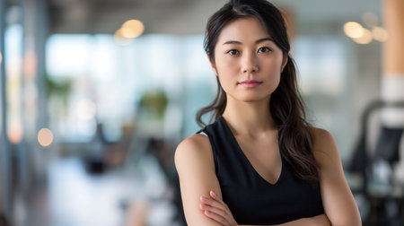 Portrait of businesswoman with arms crossed in office. Asian businesswoman standing in office.の素材