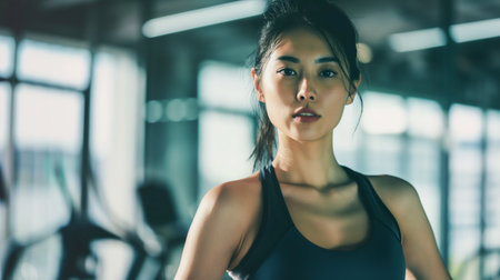 Portrait of a young Asian woman working out at the gymの素材
