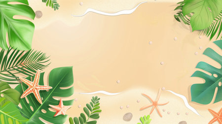 Summer background with tropical leaves and seashells. Vector illustration.の素材