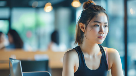 Portrait of young Asian woman in sportswear looking at camera in coffee shopの素材