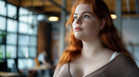 Portrait of a beautiful young redhead woman in a cafe.の素材