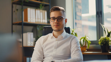 Portrait of a young businessman in glasses sitting at the desk in the officeの素材