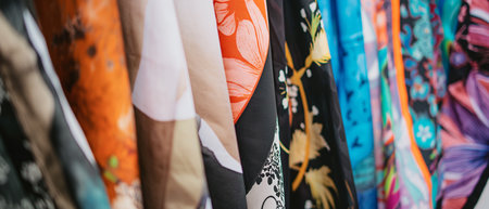Closeup of colorful textiles for sale in a shop window.の素材