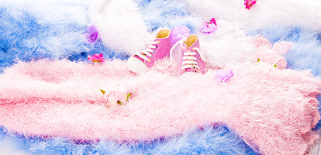 in multi-colored furry coatings are flowers and Baby Shoes