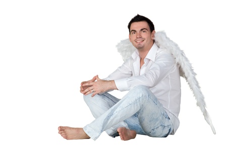 portrait of a man with angel wings isolated on white backgroundの写真素材
