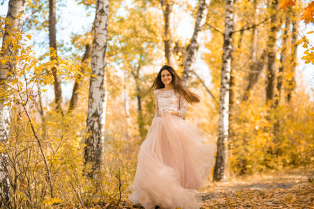 A girl in a long light pink puffy dress runs through the autumn birch forestの写真素材