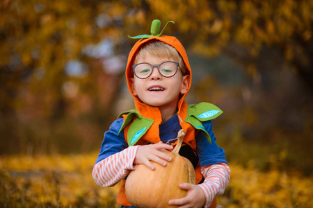 portrait of a boy in a halloween costume, with orange pumpkins, in an autumn yellow park, with fallen leavesの写真素材