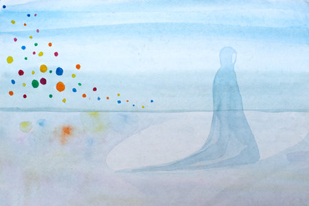 watercolor painting, symbolism. The silhouette of a woman in a blue dress is walking. spring flowers growの写真素材
