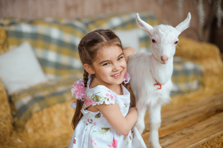 girl is hugging a white baby goat. She is laughing, happy, and wearing a summer cotton dress with braided hair and pink ribbons. They are in a rural barn surrounded by hay and both are looking at theの写真素材