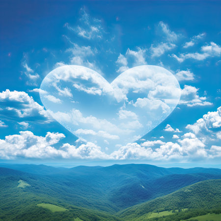 AI-generated clouds in the shape of a big heart in the blue sky over the forested mountainsの素材