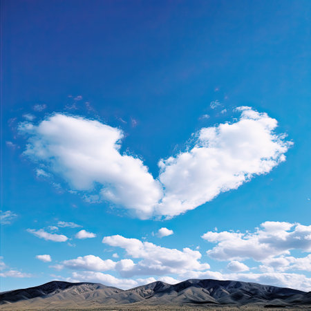 AI-generated white clouds in the shape of a broken heart in the blue sky over the mountainsの素材