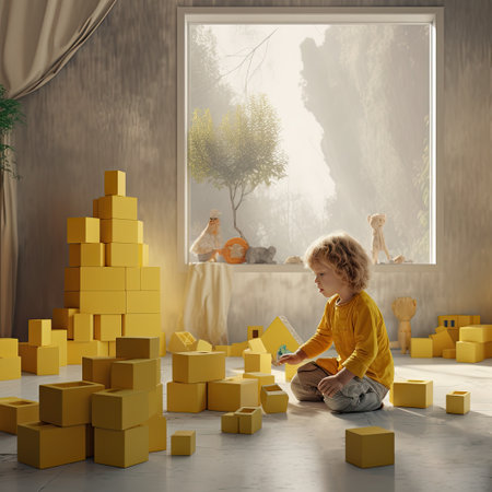 a boy in an orange T-shirt plays with yellow toy cubes against the background of a large window generated by AIの素材