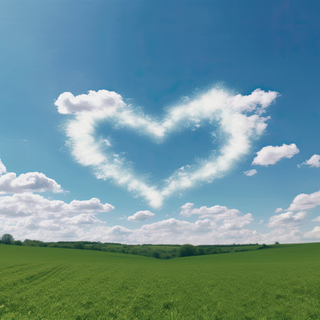 heart-shaped clouds in the sky over a meadow, generated by AIの素材