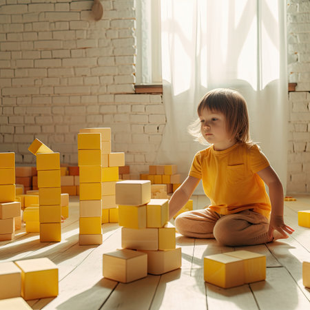 a boy in an orange T-shirt plays with yellow toy cubes generated by AIの素材