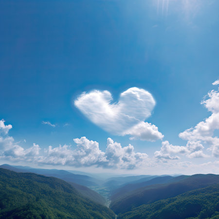 AI generated heart shaped clouds in the sky over forested mountainsの素材