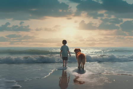 a small child walks with a dog on the sea coast, shot from the back, ai generatedの素材