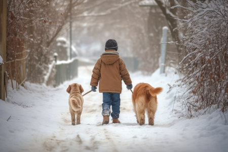 a small child walks two dogs in the winter in the snow from the back, ai generatedの素材