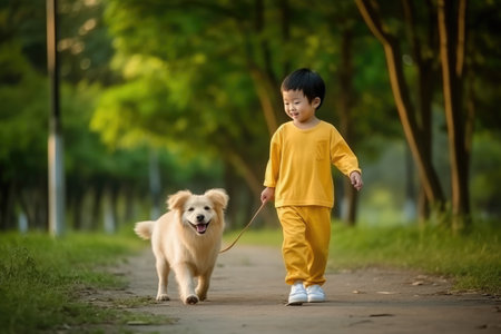 a small Asian child in yellow clothes walks with a white dog in a summer park, ai generatedの素材