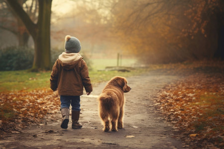 a small child walks with a dog in an autumn yellow park from the back, ai generatedの素材