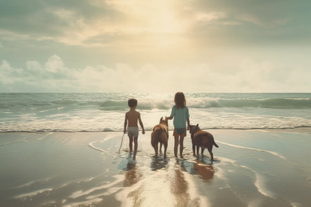 Two children on the sea coast walking with dogs from the back, ai generatedの素材