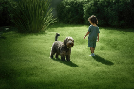 little child boy walking with a dog on a green summer grassy lawn, ai generatedの素材