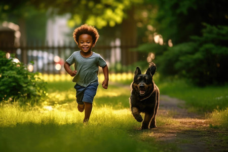 a small dark-skinned child runs for a walk next to a dog in a summer park with green grass, ai generatedの素材
