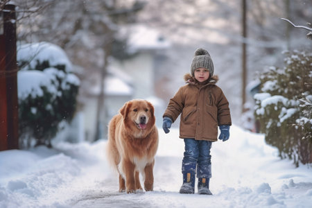 a small child walks a big dog in the winter in the snow, generated by aiの素材