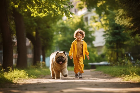a girl in a yellow jacket and yellow pants walks with a dog in a summer park, ai generatedの素材