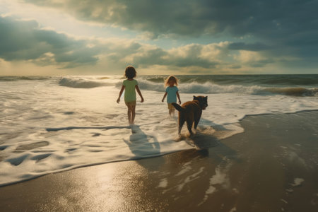 Two children on the sea coast walking with dog from the back, ai generatedの素材
