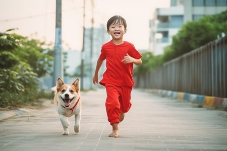 little asian child in red clothes runs next to the dog in the summer in the city on the road, ai generatedの素材