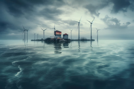 windmills to generate electricity in the water against a stormy sky, generated aiの素材