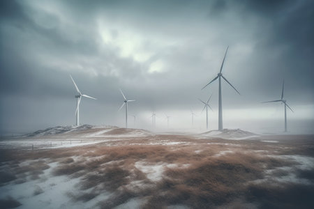 windmills stand in a half-snow field against a blue sky with clouds, ai generatedの素材