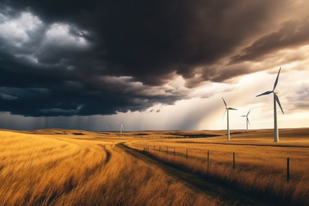 windmills stand in a yellow-orange field against a stormy sky with dark clouds, ai generatedの素材