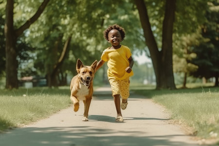 a small dark-skinned child runs for a walk next to a dog in a summer park with green grass, ai generatedの素材