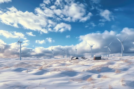 windmills stand in a snowy field with houses against a blue sky with clouds, ai generatedの素材