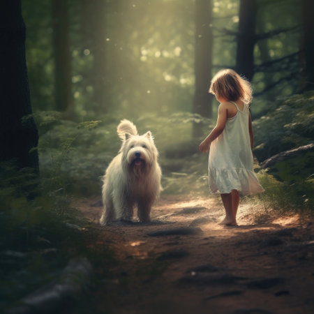 a little girl in a light summer dress walks a white big dog from the back in the forest, generated by aiの素材