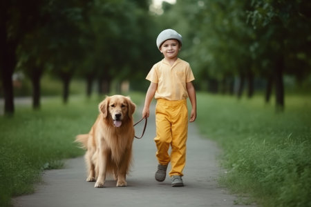 boy 6-7 years old, in yellow clothes, walks a dog, a golden retriever in a green summer park, ai generatedの素材