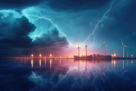 windmills to generate electricity in the water against a stormy sky, generated aiの素材
