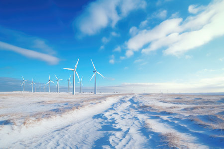 windmills stand in a snowy field against a blue sky with clouds, ai generatedの素材