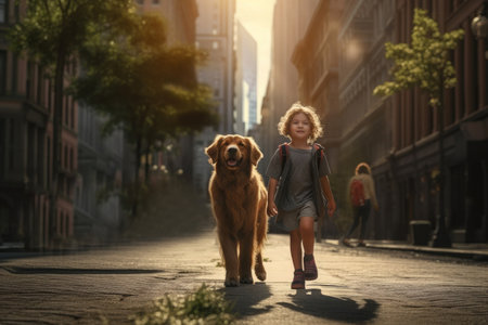 little curly girl walking a big brown dog on the streets of the city illuminated by the setting sun, ai generatedの素材