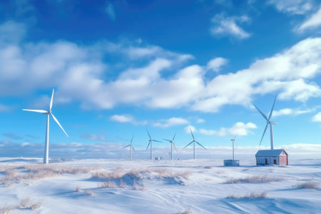 windmills stand in a snowy field with houses against a blue sky with clouds, ai generatedの素材