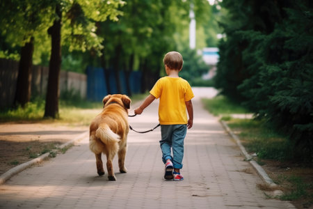 a boy in a yellow t-shirt and blue pants walks with a dog in a summer park, ai generatedの素材