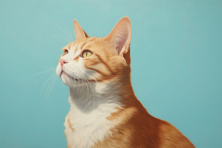 red cat looks to the side, on a blue background, generated by aiの素材