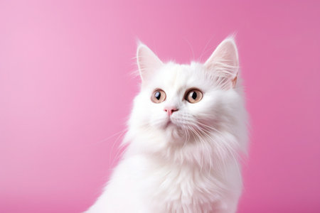 white cat on a plain pink background, space for text, AI generatedの素材