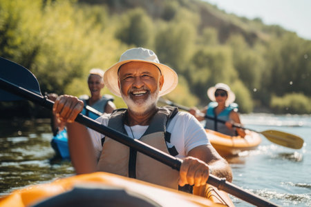 elderly man with friends, families, kayaking on river, generated by aiの素材